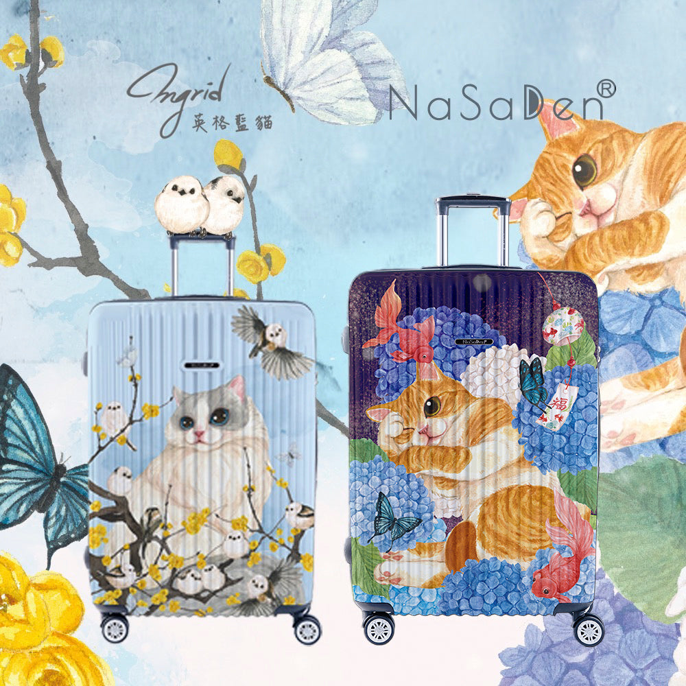 The second generation version of NaSaDen NaSa Denxin Wuyou [English blue cat joint model] cat’s four seasons printed zipper suitcase 22 inches/26 inches/29 inches 