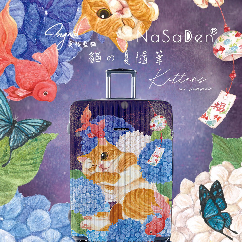 The second generation version of NaSaDen NaSa Denxin Wuyou [English blue cat joint model] cat’s four seasons printed zipper suitcase 22 inches/26 inches/29 inches 